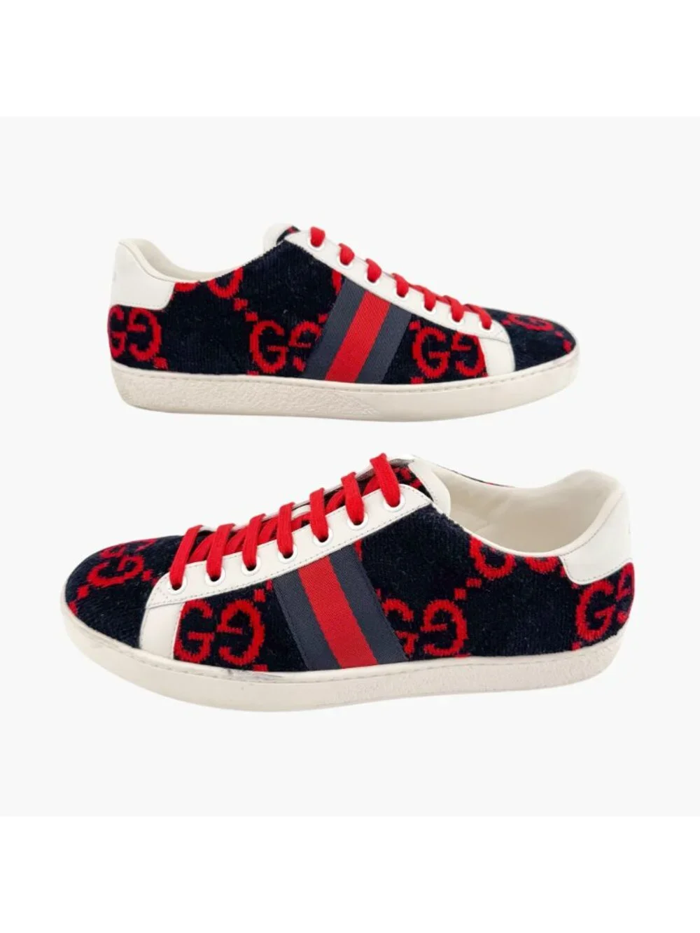 Gucci Ace Sneakers EU 38 US 8 Navy Blue & Red GG Monogram Corduroy Low Top Shoe